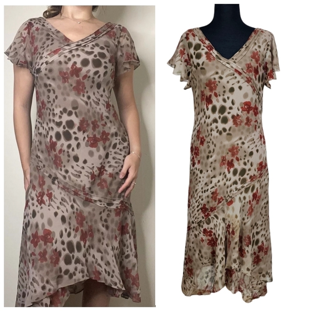 VTG Y2K Dressbarn X Papell Silk Floral Midi Dress 12 Beige Romantic Ethereal 90s